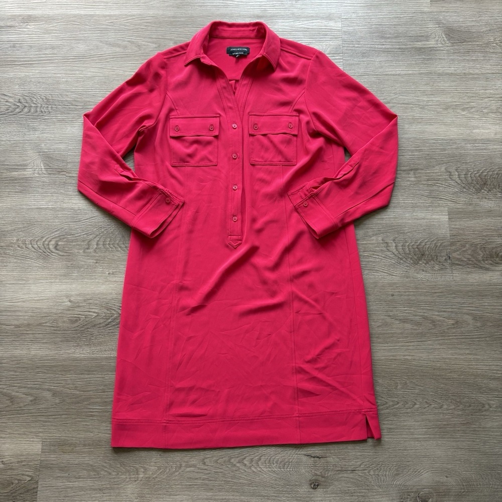 Jones New York Button Front Shirt Dress Raspbery Pink Roll Tab Sleeve 14 No Belt